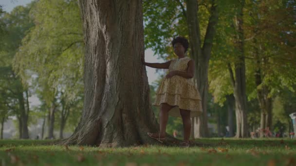 Счастливая Молодая Африканка Летнем Платье Глядя Парковые Деревья — стоковое видео