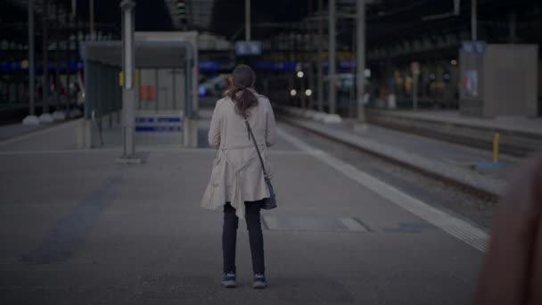 二人の悲しい人々が列車駅で離脱するお別れ — ストック動画