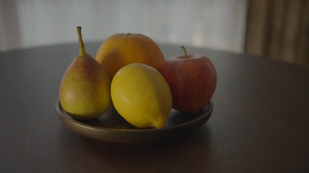 Органічне Апельсинове Яблуко Груша Фрукти Їжа Харчування Вітамінами Фон — стокове відео
