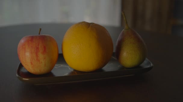 Naranja Orgánica Manzana Pera Frutas Alimentación Nutrición Con Vitaminas Fondo — Vídeos de Stock