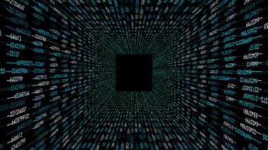 Tuğla desenli dijital bir tünel, merkezinde simetrik siyah kare, elektrik mavisi daire döşeme, ve karanlıkta ahşap sanat aksanları.