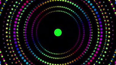 Parlayan yeşil bir merkezi olan canlı bir neon daire koyu mor bir arkaplan üzerine kurulmuş, görsel efekt aydınlatma deseni yaratıyor.