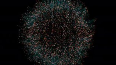 Küçük noktaları andıran astronomik cisimler gece yarısı karanlığında yüzer ve siyah arkaplana karşı simetrik bir desen oluşturur.