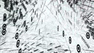 Beyaz zemin üzerinde daireler ve çizgiler olan tek renkli bir çizim. Değişen eğimli bir şekil yaratıyor. Bu siyah beyaz sanat tek renkli fotoğrafçılığa benziyor.