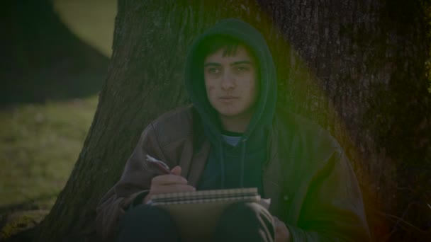 年轻的创意男艺人在公园外面画一幅素描 — 图库视频影像