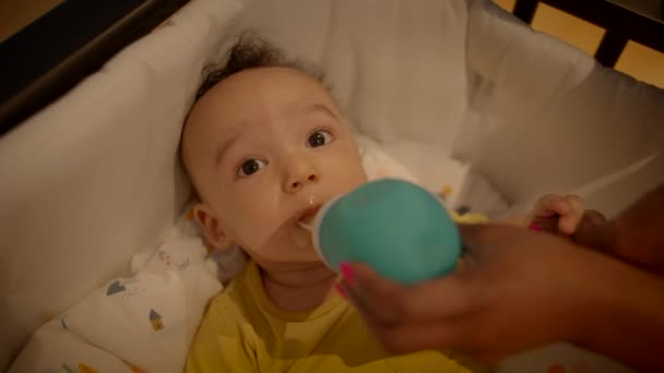 Madre Che Alimenta Bambino Neonato Che Giace Nella Culla Casa — Video Stock