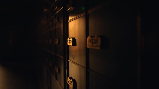 Row Lockers Stands Dark Room Illuminated Automotive Lighting Wooden Doors — Video