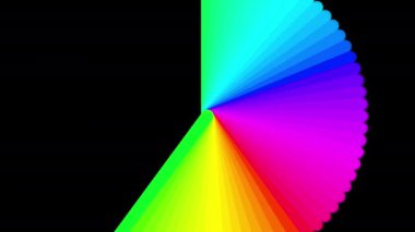 Siyah zemin üzerinde gök kuşağı renginde bir girdap çizimi, elektrik mavisi, morumsu ve açık renk aksanlı simetrik bir daire deseni var.