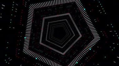 Beyaz çizgiler ve noktalarla çevrili siyah bir zemin, elektronik devre bileşenlerini hatırlatan büyüleyici bir şablon oluşturuyor.