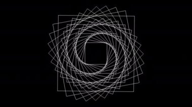 Beyaz geometrik desenli siyah bir arkaplan. Daireler, üçgenler ve dikdörtgenler var. Bu sanat eseri simetri ve çizgi sanatını büyüleyici bir görsel tasarım yaratmak için harmanlıyor.