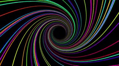 Siyah arkaplanda canlı gökkuşağı kıvrımlı bilgisayar destekli soyut video. Mor, mor, yeşil, elektrik mavisi ile renk katar. Herhangi bir proje için mükemmel