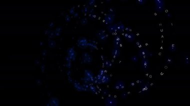 Büyüleyici mavi harflerden oluşan bir spiral, karanlık bir arkaplanda parlıyor ve keskin uçlu dijital bir tasarım oluşturuyor.