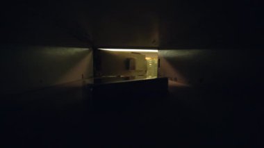 Bir kişi loş aydınlatılmış bir odada bir kiralık kasa açar ve gizlilik ve gizlilik havası yaratır.