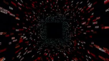 Yüzen kırmızı ve beyaz metinlerle dinamik bir 3D tünel, teknoloji ve dijital medya projeleri için ideal.