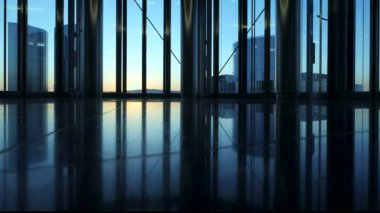 Pürüzsüz ve modern bir gökdelen. Camdan şehrin nefes kesici manzarası..