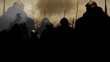 Gün doğumunda dumanlı bir savaş alanında silahlı savaşçılar yoğun ve çelişkili bir sinema sahnesi yaratırlar.