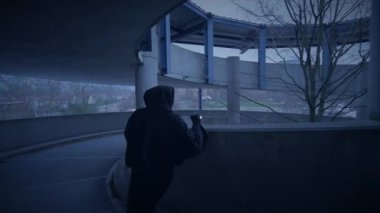 Kapüşonlu gizemli bir şahıs gecenin karanlığında karanlık bir şehirde hareket ederek bir şüphe ve gizlilik ortamı yaratıyor.