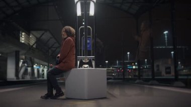 Bir kadın gece modern bir tren istasyonunda huzur ve yalnızlık yayıyor, şehir ortamında sakin bir ortam yakalıyor.