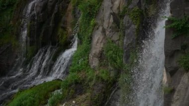 Huzurlu ve huzurlu bir şelale engebeli kaya yüzeylerine doğru zarif bir şekilde süzülüyor, canlı ve gür yapraklarla çevrili.