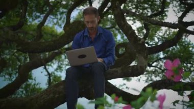 Bir adam rahat bir şekilde güçlü bir ağaç dalına oturmuş, doğası gereği huzurlu bir sükunetle çevrili bir dizüstü bilgisayar kullanıyor.