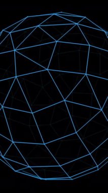 Çarpıcı bir kablo küresi, kesişen çizgiler ve koyu arkaplanda eşsiz çokgenlerle oluşturuldu.