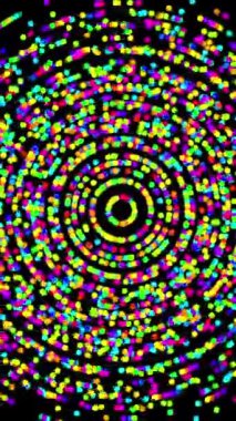 Göz kamaştırıcı bir sarmal, siyah bir arkaplan üzerinde renkli noktalar, büyüleyici bir soyut desen oluşturuyor..