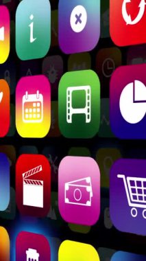 Uygulama simgelerinin bu canlı koleksiyonu çeşitli kullanım alanları olan dijital ortam platformlarının çeşitli işlevlerini temsil etmektedir