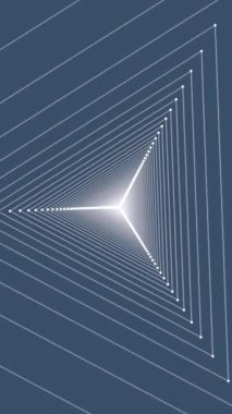 Büyüleyici bir geometrik tasarım birbirine yakın çizgilerden oluşan parıldayan üçgen bir ışık tüneli sergiliyor.