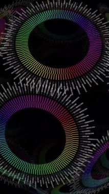 Dinamik renkli ışınlarla harmanlanmış canlı dairesel desenler içeren karmaşık detaylı bir soyut tasarım.