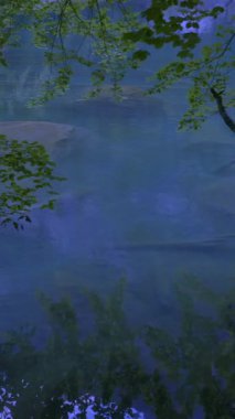 Sakin sulara yansıyan, dingin yeşillikler ve rahatlatıcı maviler sergilenen güzel, sakin bir doğa manzarası.