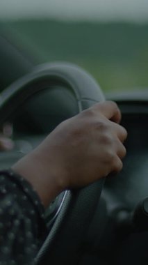 Arka planda çarpıcı, sakin bir manzarayla direksiyonu tutan bir elin yakın çekimi.