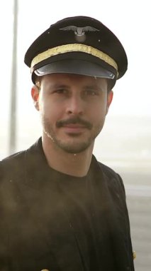 Üniformalı deneyimli bir pilot kalkışa hazır, uçak macera beklerken nefes kesen manzaraya hayran.