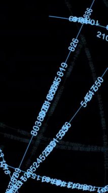 Açık mavi sayılarla soyut veri akışının dinamik bir temsili koyu bir arkaplanda zarafetle gösterilir