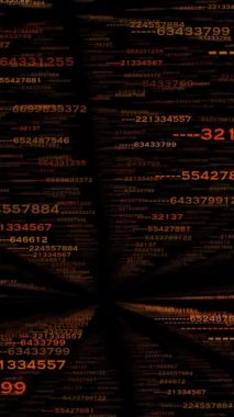 Dinamik bir görsel dikey veri akışlarını gösterir, koyu bir arkaplanda turuncuyla güzelce aydınlatılır.