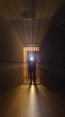Rahatsız edici derecede aydınlık bir koridorda karanlık gölgeler ve parlayan parmaklıklar var. Güçlü bir hapsedilme ve izolasyon hissi yaratıyor.