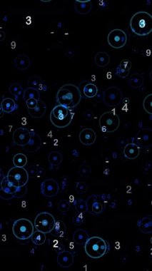 Karanlık bir kozmik zemin üzerinde ilginç elementlerle mavi dairelerin ve sayıların büyüleyici soyut bir çizimi