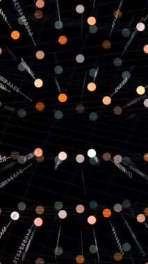 Karanlık bir arkaplan karşısında dinamik olarak dağılmış parçacıkların soyut bir görüntüsü, derinlik ve hareket iletiyor..