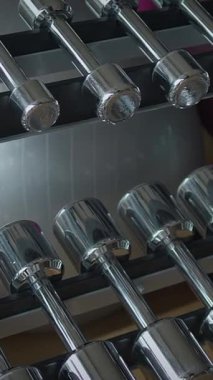 Spor meraklıları ve spor salonları için ideal, raflarda ustalıkla organize edilmiş parlak metalik dambılların yakın çekim görüntüsü