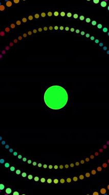 Merkezi yeşil bir daireye sahip soyut bir tasarım ve karanlık, zıt bir arkaplanda dönen neon çizgiler.