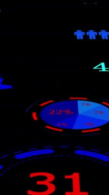 Stilize edilmiş mavi geometrik şekiller ve sayılar, modern tasarım estetiği için ideal, karanlık bir zemin üzerine güzel bir şekilde kurulmuş.