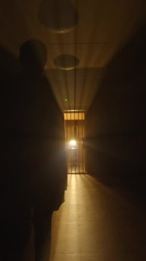 Loş ve loş bir koridor, hem hapsedilmeyi hem de derin gizemi temsil eden güvenli parmaklıklı bir kapıya götürür.