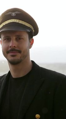 Gıcır gıcır üniformalı kendine güvenen bir pilot gururla poz veriyor çarpıcı manzaralı arka planda, gösterişli havacılık gururu