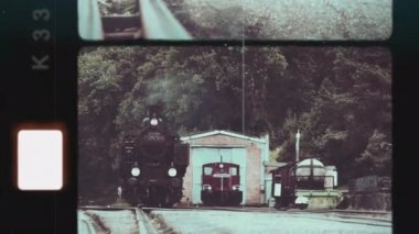 Klasik bir tren istasyonunun yakınındaki buhar makinesinin nostaljik görüntüsü. Güzel, gür yeşilliklerle çevrili.