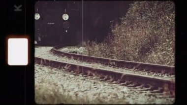 Eğri tren rayları yemyeşil bitkilerin arasına yerleşmiş. Huzurlu ama unutulmuş bir demiryolu sahnesini canlandırıyor.