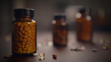 Kırsal ahşap bir masada sergilenen bitkisel takviyeler ve haplar içeren çeşitli güzel düzenlenmiş şişeler.