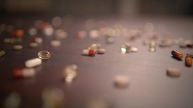 Kapsülleri ve hapları ahşap bir yüzeye güzelce yerleştirmiş ve yaymış detaylı bir yakın çekim görüntüsü.