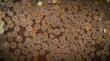 Düz bir yüzey üzerinde çeşitli madeni paralar, ticarette kullanılan çeşitli mezhepleri ve metal türleri göstermektedir.