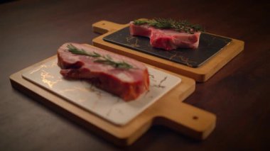 Bu lezzetli çiğ biftekler şık ahşap tabaklar üzerinde sunuluyor, cazibelerini arttırıyor.