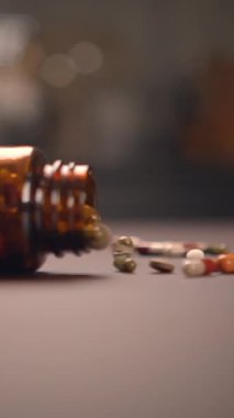 Yakın plan bir resim, reçeteli bir şişeden masaya dökülen canlı kapsüllerin bir koleksiyonunu ortaya çıkarır.