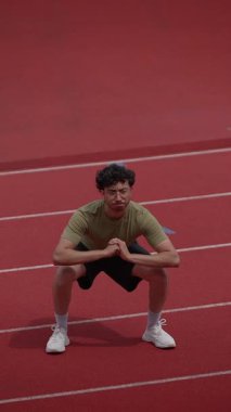 Genç bir atlet canlı kırmızı bir pistte antrenman yapmaya hazır. Forma ve egzersizlere odaklanıyor.